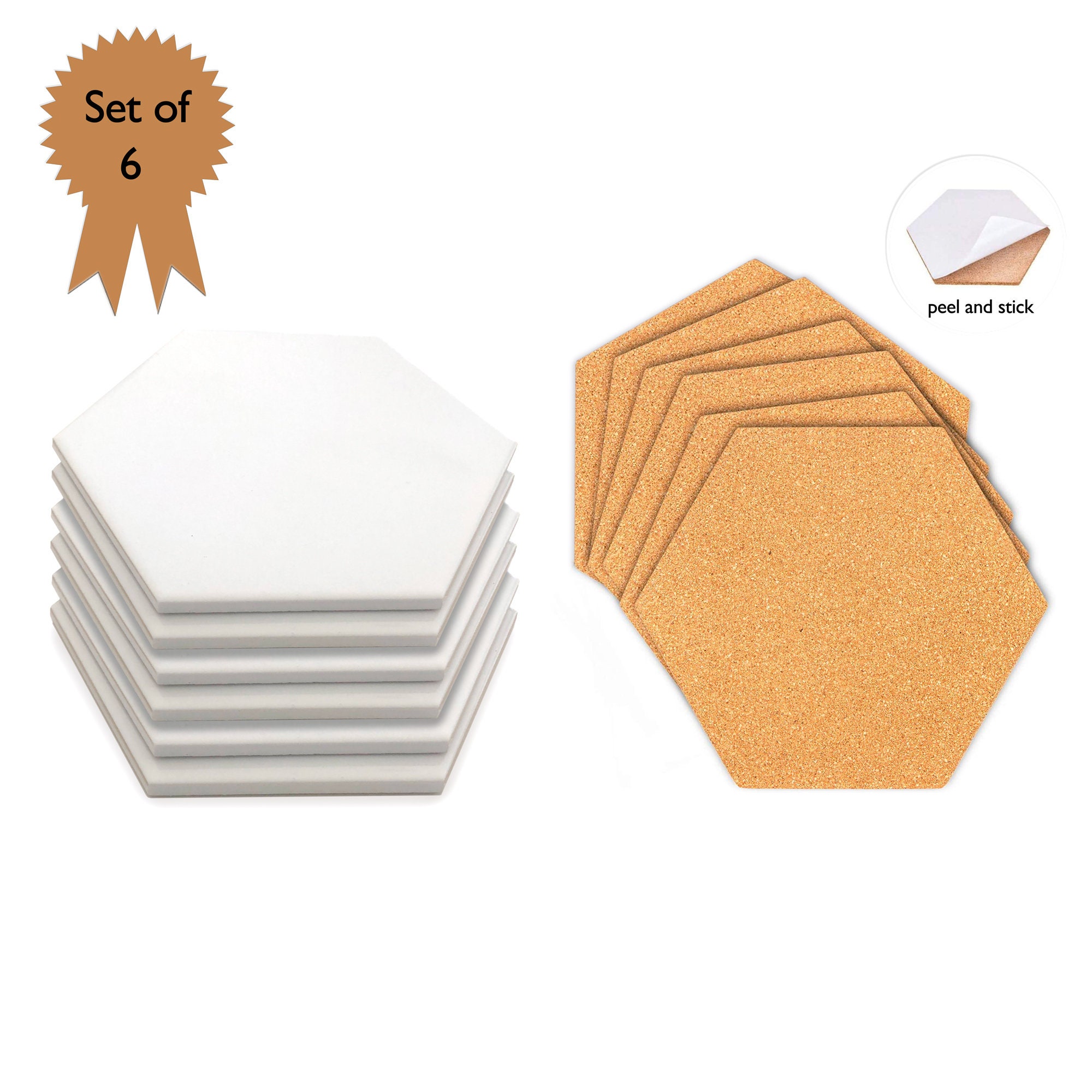  Hexagon Cork Tiles, 10 Pack with 50 Wooden Clamp Push Pins, .31 Thick, Ultra Strong Self Adhesive Backing, 8.07 x 7