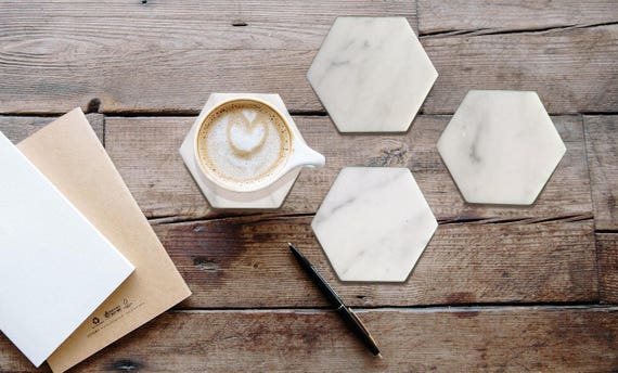 Hexagon White Marble Coasters Italian White Carrara ( Set of 4 ) *FREE SHIPPING