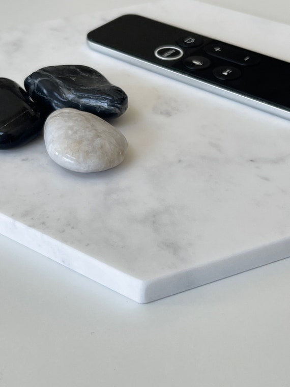 White Marble Gray veins Flat Valet tray, Key tray, Jewelry tray, Wallet tray, Desk office tray, Cake Stand Marble Pedestal Hexagon 8 Inc