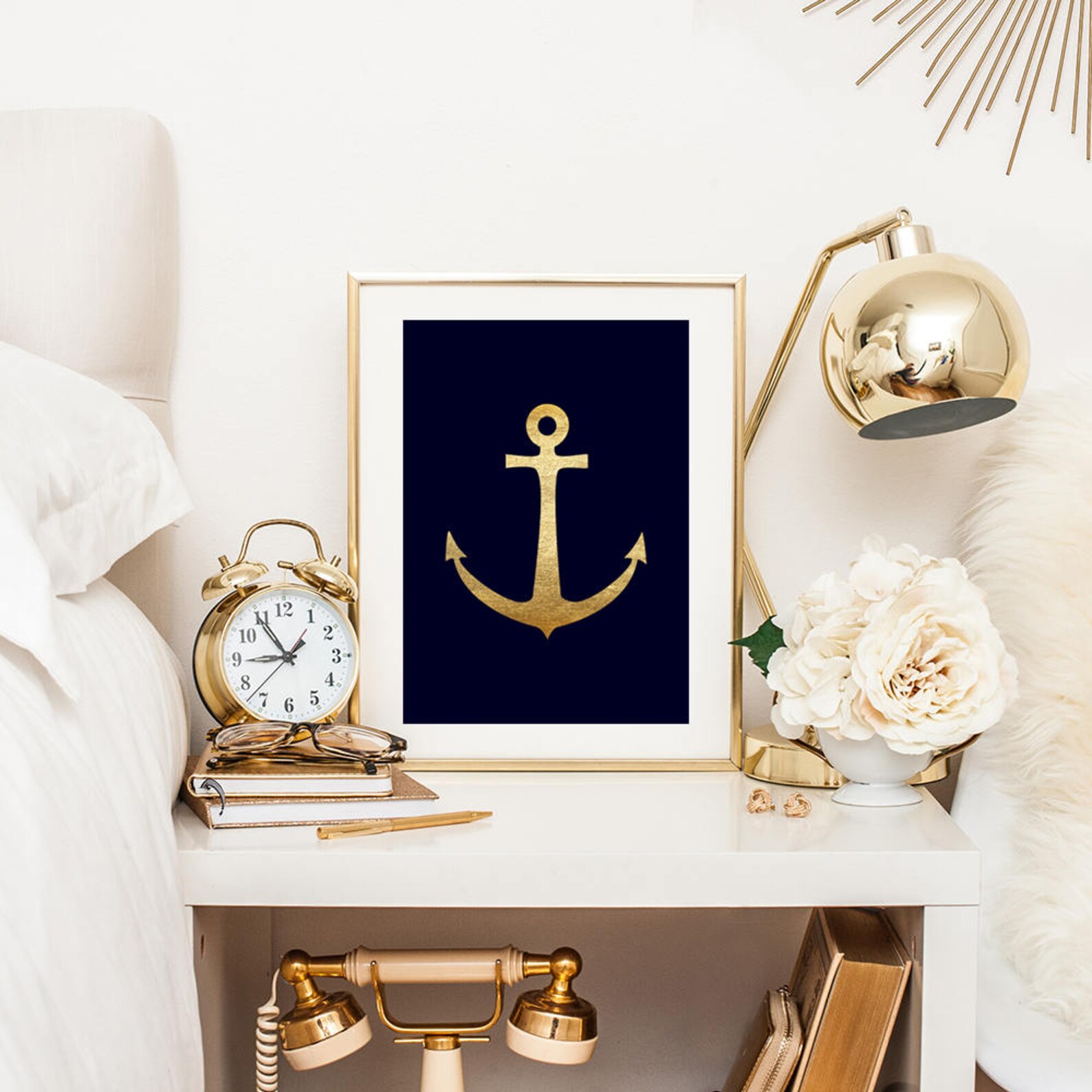 Navy and Gold Wall Art Nautical Printable Navy Gold Wall Etsy