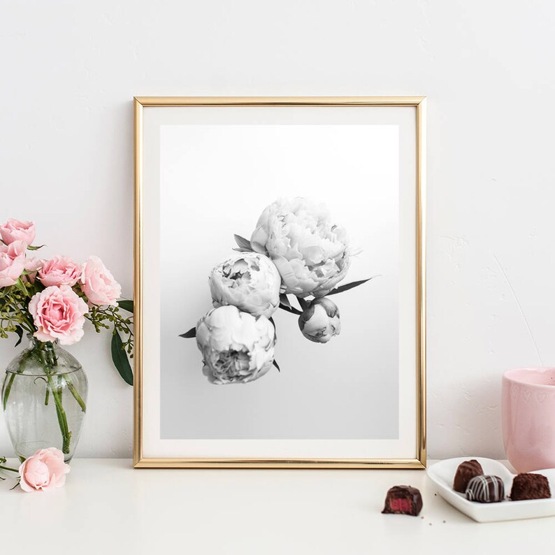 Peony Print Black and White Peony Wall Art Scandinavian Etsy