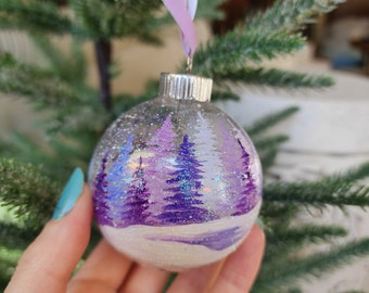 Purple Forest of Trees Handpainted Iridescent Glass Christmas Ornament / Personalized Ornament / Winter Scene / Purple Christmas Ornaments