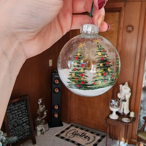 Hand Painted Clear Glass Christmas Ball Ornament / Christmas Trees / Red Green Gold Ornament / Joy Ornament / Boxed Christmas Ornaments
