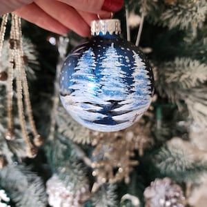Snowy Trees Winter Scene Hand Painted Deep Blue Frosted Glass Christmas Ball Ornament / White Trees / Winter Trees / Blue & White Ornament