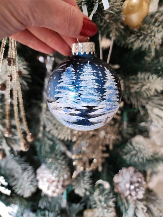 Snowy Trees Winter Scene Hand Painted Deep Blue Frosted Glass Christmas Ball Ornament / White Trees / Winter Trees / Blue & White Ornament