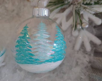 Hand Painted Iridescent Glass Christmas Ball Ornament / Aqua Trees / Winter Trees / Aqua & White Ornament , Boxed Christmas Ornaments