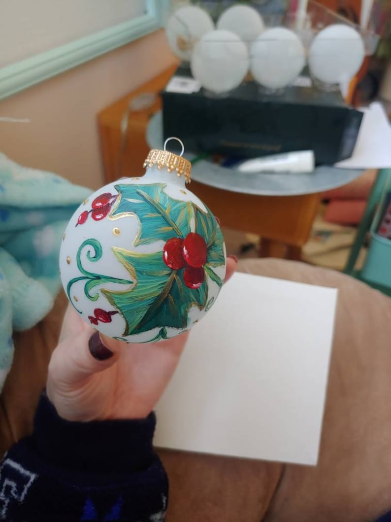 Hand Painted Frosted Glass Christmas Ball Ornament - Thumbnail 4