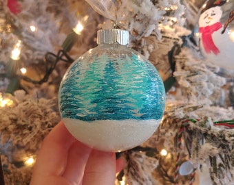 Forest of Trees Hand Painted Iridescent Glass Christmas Ball Ornament / Aqua Trees / Winter Trees / Aqua & White Ornament , Boxed Ornament