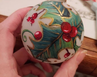 Hand Painted Frosted Glass Christmas Ball Ornament / Original Elegant Holly Berry Design / Red Green Gold Boxed Christmas Ornaments