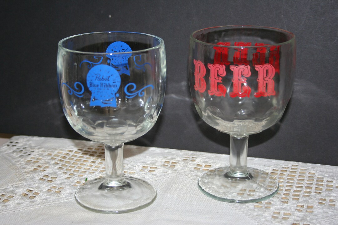 Pair of Beer Drinking Mugs, Clear Glass Beer Mugs, Thumbprint Stem