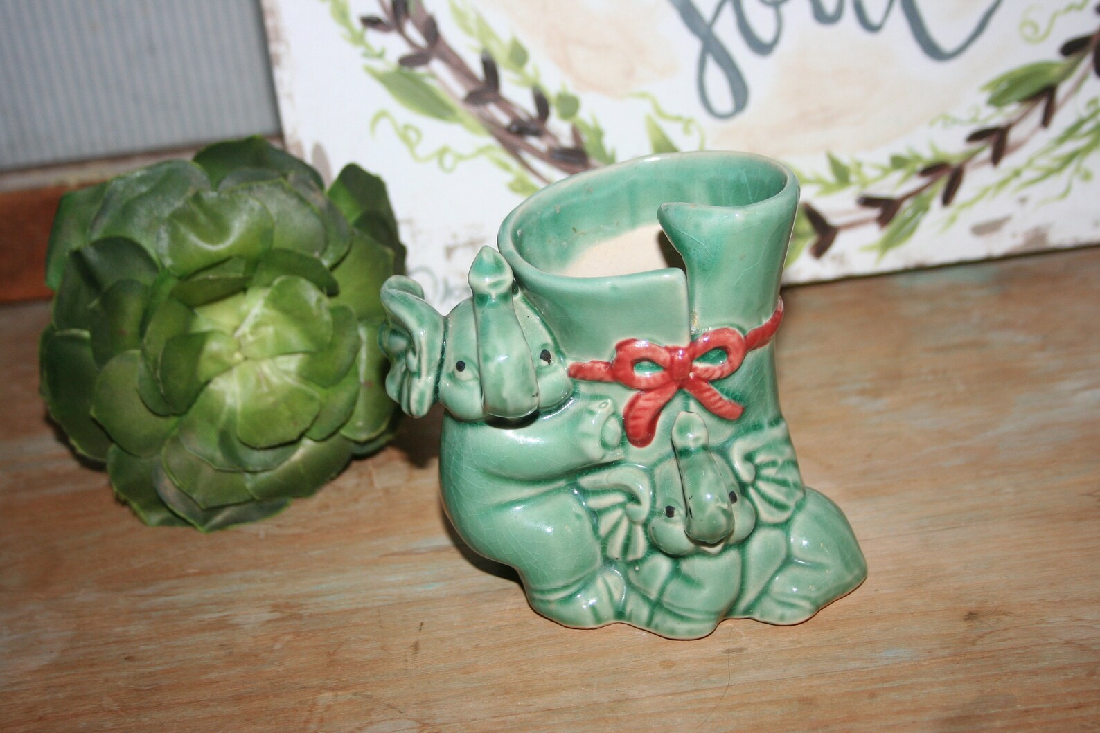 Vintage Elephant Planter Small Green Planter Baby Elephants Etsy