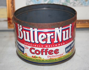 Vintage Butter - Nut Coffee Tin, No Lid, Metal Coffee Tin, Farmhouse Storage Container, Photo Prop, Farmhouse Kitchen, Butter - Nut Tin