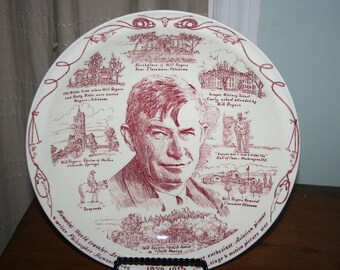 Will Rogers Commerative Plate, Vernon Kilns, Humorist, Aviation Pioneer, Motion Picture Star, Philosopher, World Traveler, 1879 - 1935