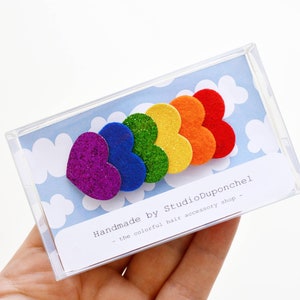 Rainbow heart snap hair clips, felt and glitter hair clip, rainbow photography prop, small rainbow birthday gift for girl, rainbow presents