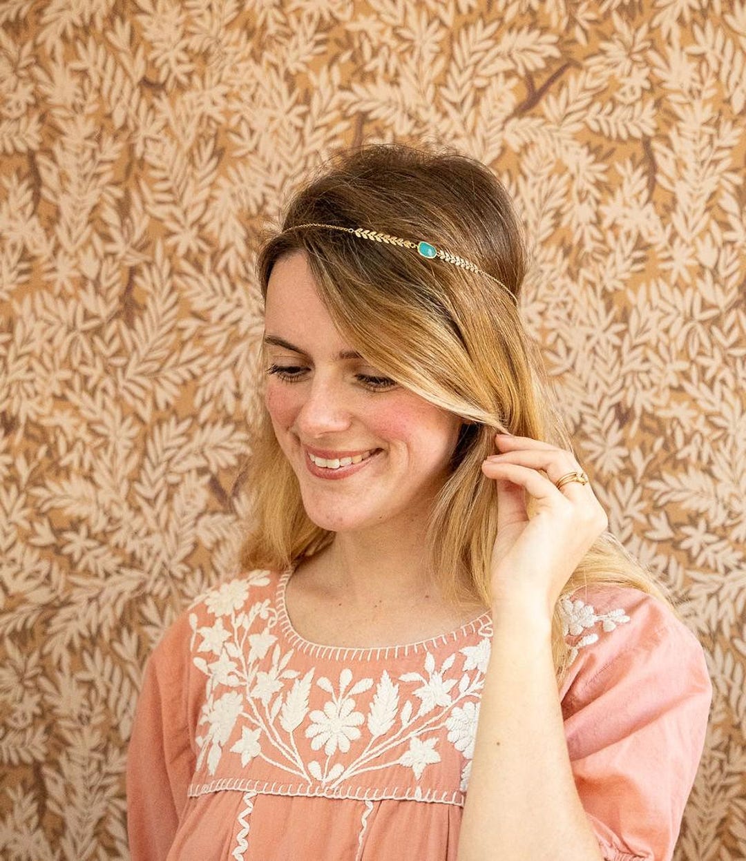 Boho Gold Headband – Romantic Wheat Motif & Turquoise Stone  display picture 1