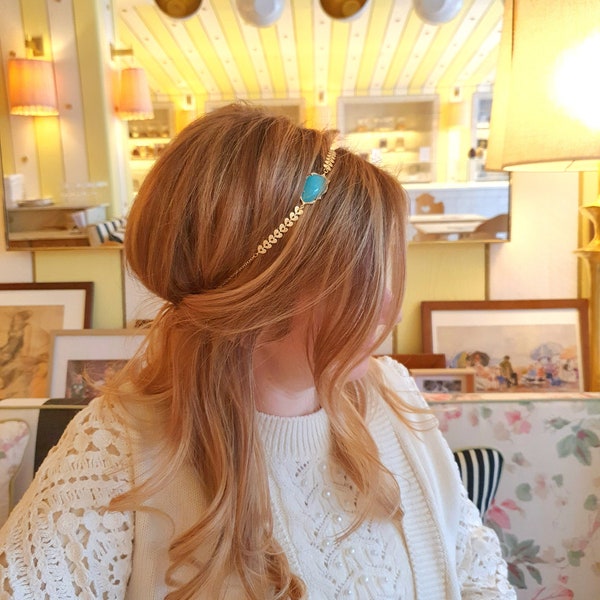 Headband turquoise style vintage - accessoire coiffure - bijou doré à l'or fin - bijou retro - bandeau cheveux - diadème - pièce unique