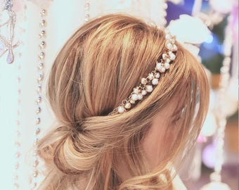 Headband perles nacrées doré à l’or fin – Diadème bijou mariage – Accessoire coiffure mariée pièce unique