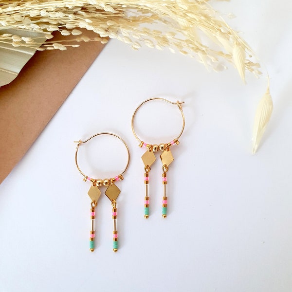 Hoop earrings with golden triangle tassels made of Miyuki pearls - Fine gold-plated jewelry