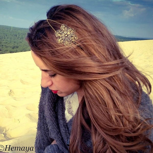 Headband bohème chic, fleur en bronze romantique,headband année 30, serrer tête, headband fleur bronze,style ancien