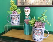 Halloween Succulent Planter, Purple Sugar Skull Mug, Seasonal Artificial Succulent Planter, Desk Accessory