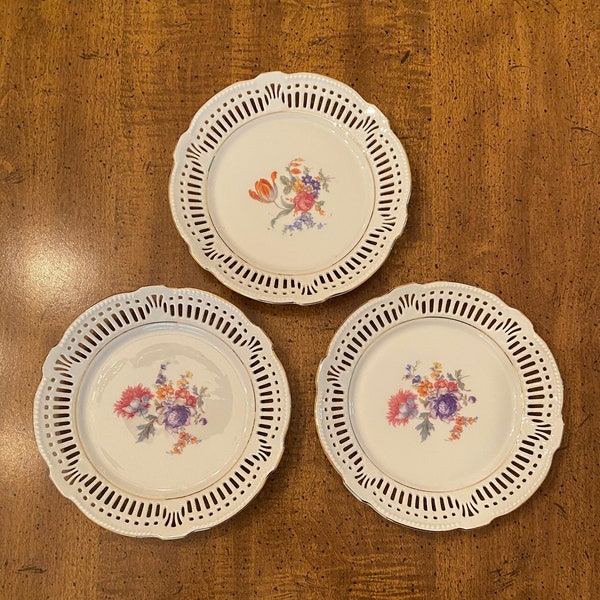 Three Schwartzenhammer Plates from Bavaria Germany Reticulated Edges Hand Painted Floral Gild Edges