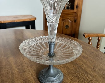 2 Tier Empergne Glass and Pewter Centerpiece 13 Inches Tall Early 20th Century Vintage Fancy Decor