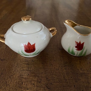 Hand Painted Sugar and Creamer Red Tulip Covered Sugar Bowl