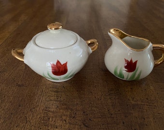 Hand Painted Sugar and Creamer Red Tulip Covered Sugar Bowl