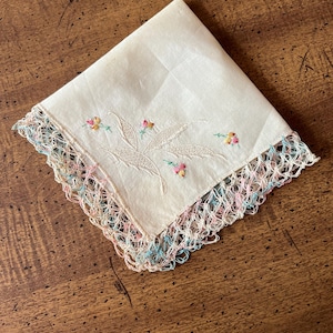Fancy Lace Edged Handkerchief Embroidered Cream Cut Work Vintage Hanky