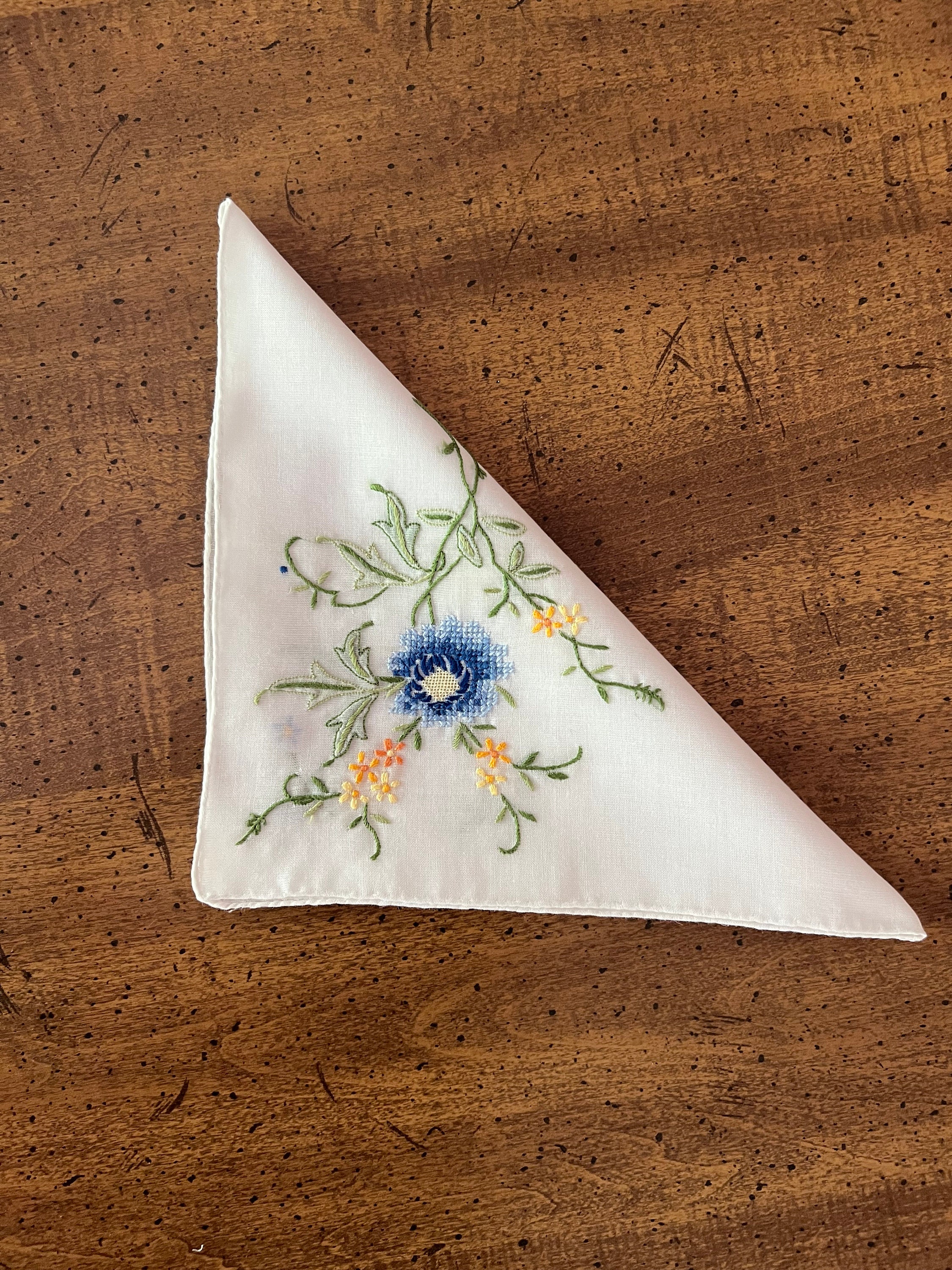 Embroidered Cotton Handkerchief Vintage Ladies Hankie Blue