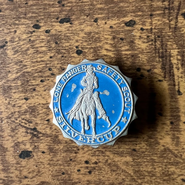 Lone Ranger Safety Scout Silvercap Pin 1950s Horse and Rider Vintage Hat Lapel Pin Blue Enamel over Metal