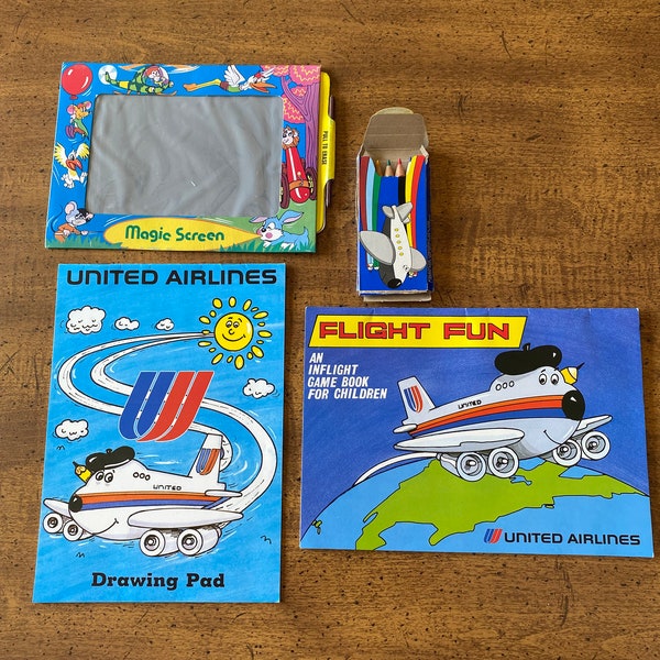 United Airlines Childs Activity Pack Original Bag Magic Erase Colored Pencils Drawing Pad Inflight Game Book