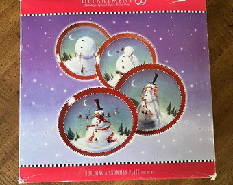 Dept 56 Snowman Dessert Plates Set: Whimsical Christmas Eve Winter Scene