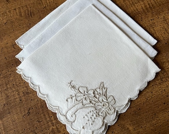 Three Linen Napkins Hand Embroidered Flowers Scalloped Edges Vintage Cutwork