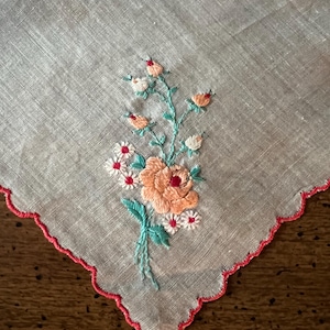 Cotton Handkerchief Embroidered Flowers Red Scalloped Edge Vintage Cotton Hanky