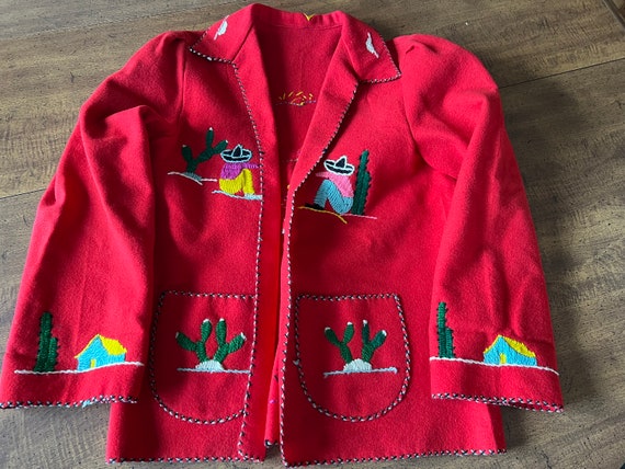 Red Felt Wool Embroidered Mexican Blazer Jacket 1… - image 1