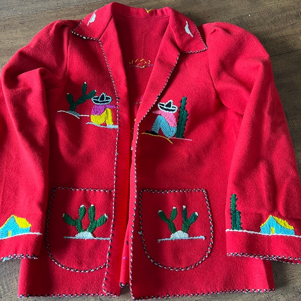 Red Felt Wool Embroidered Mexican Blazer Jacket 1940s Unlined Cacti Pancho Church Fisherman Pig Chicken Open Fit Small Pockets