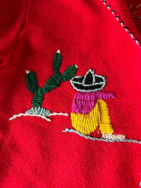 Red Felt Wool Embroidered Mexican Blazer Jacket 1… - image 5