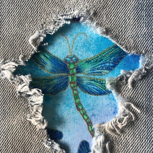 Beautiful Dragonfly "Peek a Boo"  Denim Patches Super Strong IRON ON- by Holey Patches (Assorted Sizes)