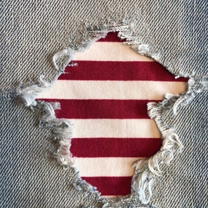 Burgundy Stripe STRETCH &quot;Peek a Boo&quot;  IRON ON Denim Patches Super Strong - by Holey Patches (Assorted Sizes)