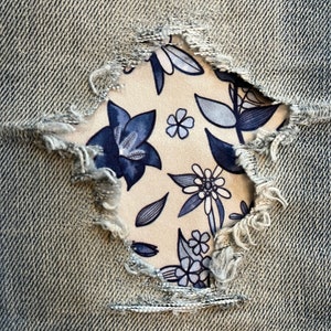 Alpine Flora Ivory/Blue STRETCH Fabric Peek-a-Boo Denim Patches Super Strong Iron On Patches, knee patches, decorative patches