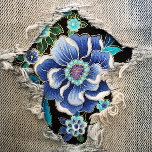 Beautiful Blue floral "Peek a Boo"  Jean Patches Super Strong Iron On- Denim by Holey Patches (Assorted Sizes)