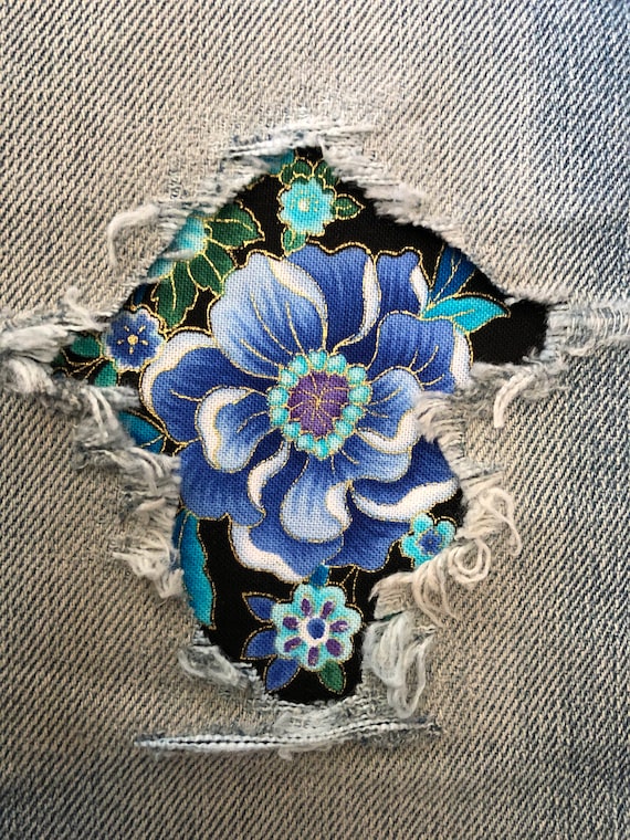 Beautiful Blue Floral peek a Boo Jean Patches Super Strong Iron On Denim by  Holey Patches assorted Sizes 