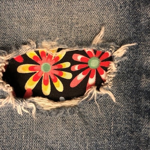 Black Flower Power Fabric &quot;Peek a Boo&quot;  Jean Patches Super Strong Iron On- Denim by Hol(e)y Patches