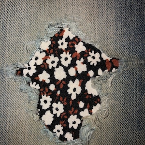 Ditsy Floral in Black with Rust STRETCH Fabric Peek-a-Boo Denim Patches Super Strong Iron On Patches, knee patches, decorative patches