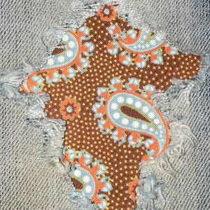 Poppin Paisley Brown/light blue &quot;Peek a Boo&quot;  Jean Patches Super Strong Iron On- Denim by Hol(e)y Patches