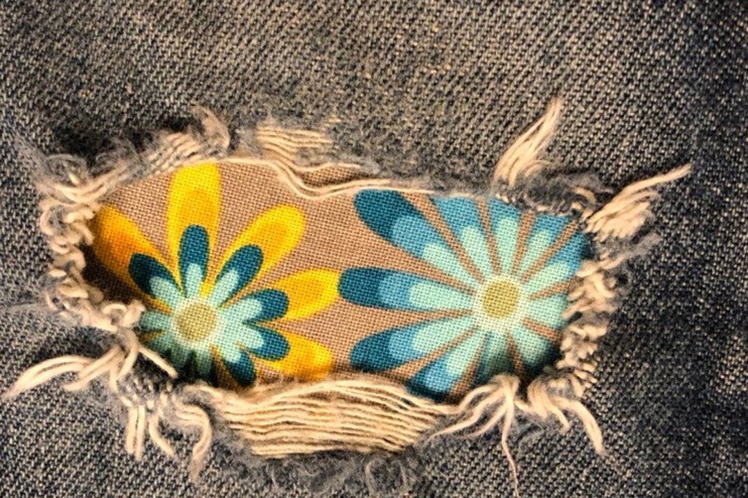 Tan and Turquoise Flower Power Fabric peek a Boo Jean Patches Super ...