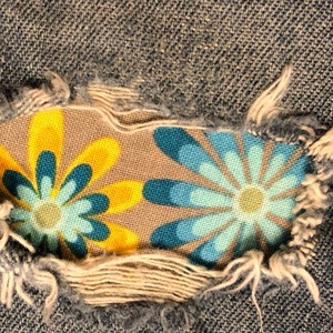 Tan and Turquoise Flower Power Fabric &quot;Peek a Boo&quot;  Jean Patches Super Strong Iron On- Denim by Holey Patches