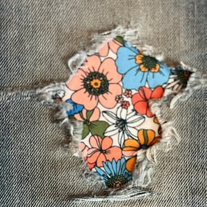 Spring Floral STRETCH in coral and blue Peek-a-Boo Denim Patches Super Strong Iron On- by Holey Patches (Assorted Sizes)