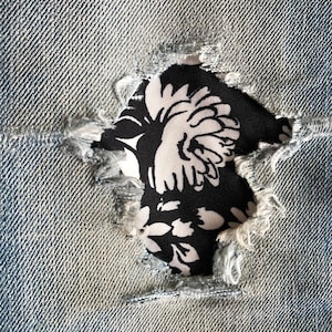 Black and White Floral STRETCH Peek-a-Boo Denim Patches Super Strong Iron On- by Holey Patches (Assorted Sizes)